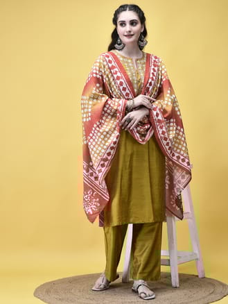 Women Silk Blend Mustard Embroidered Kurta Comfort Pant Dupatta