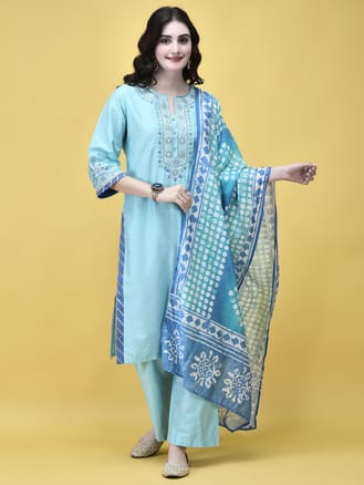 Women Silk Blend Blue Embroidered Kurta Comfort Pant Dupatta