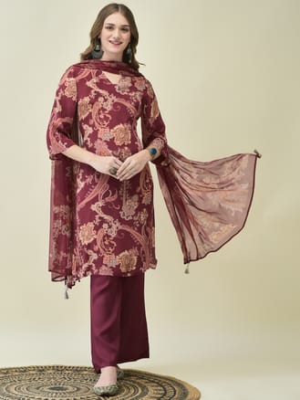 Women Crepe Burgundy Paisley Print Kurta Bell Bottom Dupatta