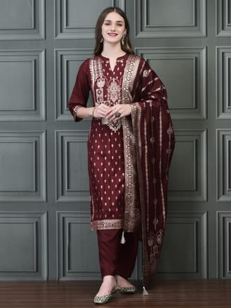 Women Jacquard Maroon Woven Kurta Comfort Pant Dupatta