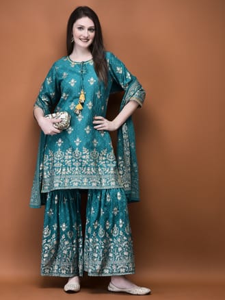 Women Liva (Viscose) Turquoise Blue Foil Print Kurta Sharara Dupatta