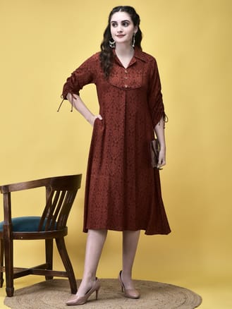 Women Liva (Rayon) Rust Floral Print Dress
