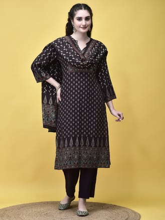 Women Liva (Rayon) Brown Floral Print Kurta Comfort Pant Dupatta