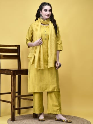 Women Silk Blend Mustard Stripe Print Kurta Comfort Pant Dupatta