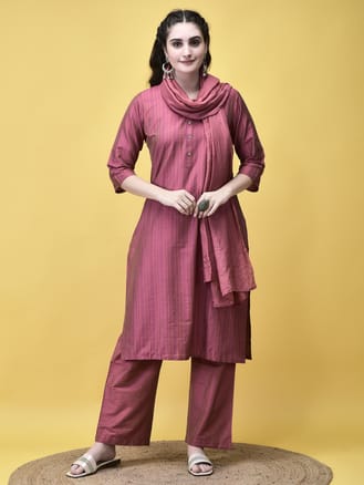 Women Silk Blend Pink Stripe Print Kurta Comfort Pant Dupatta