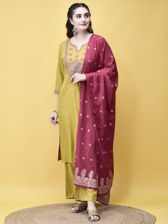 Women Poly Viscose Green Embroidered Kurta Comfort Pant Dupatta