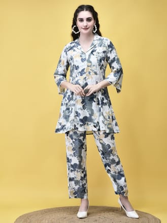 Women Liva (Rayon) Off White Abstract Print Co-Ord Set