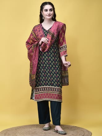 Women Liva (Rayon) Blue Butti Print Kurta Comfort Pant Dupatta