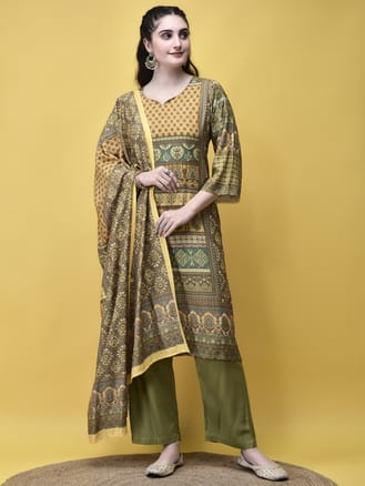 Women Liva (Rayon) Green Placement Print Kurta Comfort Pant Dupatta