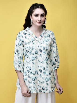 Women Linen Off White Texture Print Tunic