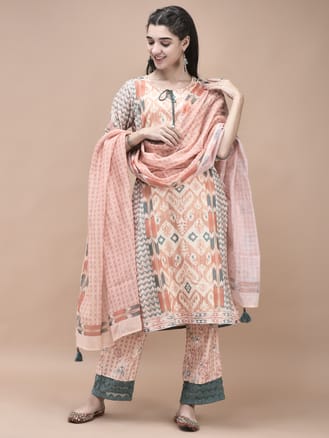 Women Linen Orange Ikat Print Kurta Comfort Pant Dupatta