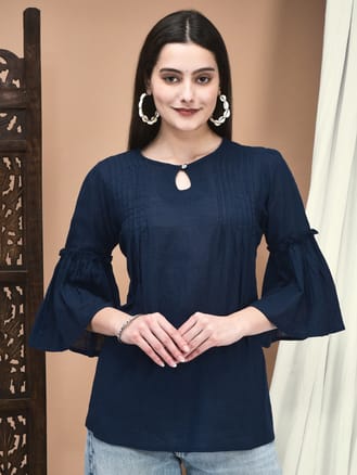 Women Cotton flex Navy Blue Solid Tunic