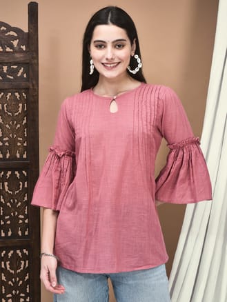 Women Cotton flex Pink Solid Tunic