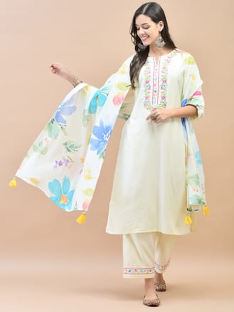 Women Liva Off White Embroidered Kurta Comfort Pant Dupatta