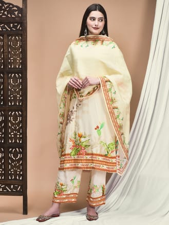 Women Liva Cream Floral Print Kurta Comfort Pant Dupatta