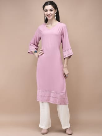 Women Liva Pink Embroidered Kurta