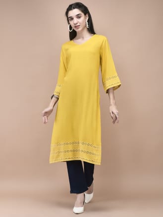 Women Liva Mustard Embroidered Kurta