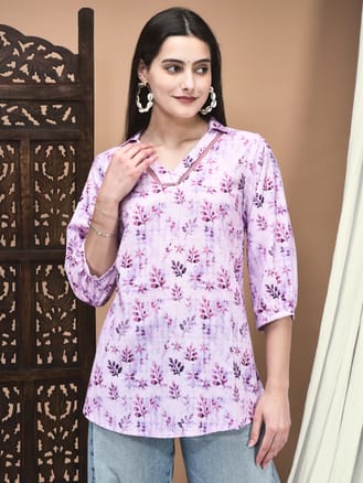 Women Linen Pink & Purple Texture Print Tunic