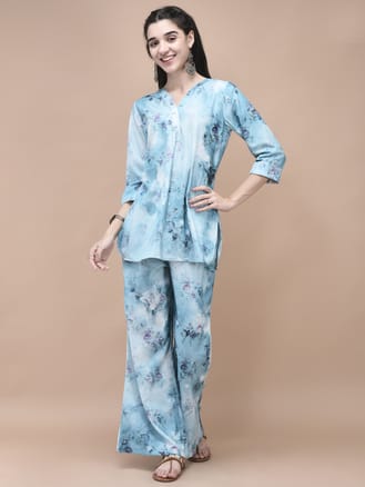 Women Linen Blue Texture Print Co-Ord Set