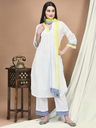Women Cotton White Stripe Print Kurta Comfort Pant Dupatta
