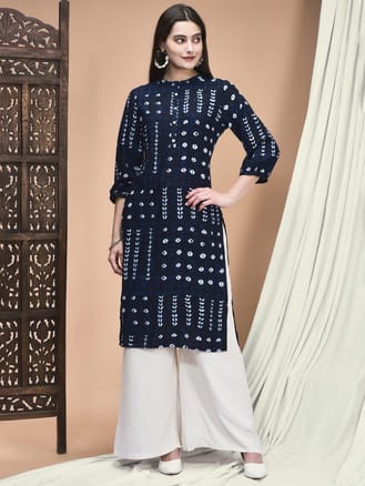 Women Liva Indigo Geometric Print Kurta