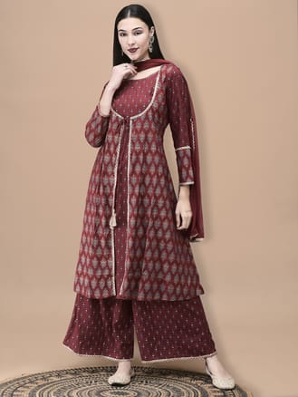 Women Liva Maroon Butti Print Kurta Wide Leg Pant Dupatta