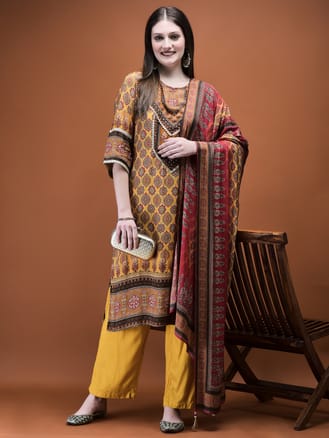 Women Muslin Mustard Ajrakh Print Kurta Comfort Pant Dupatta