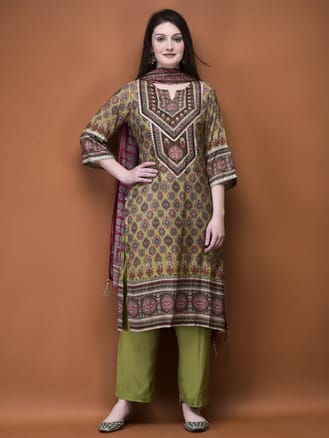 Women Muslin Olive Ajrakh Print Kurta Comfort Pant Dupatta