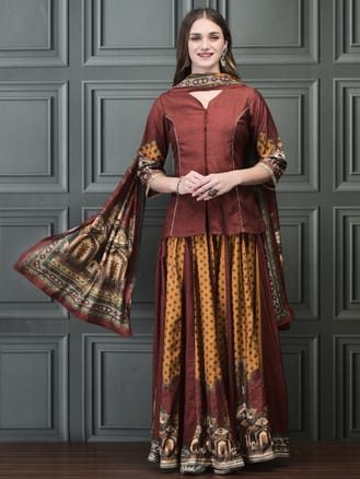 Women Chanderi Rust and Mustard Paisley Print Tunic Skirt Dupatta