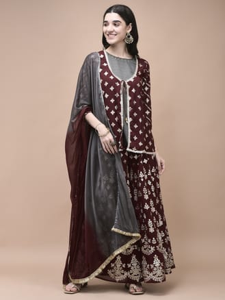 Women Georgette Maroon Foil Print Kurta Split Pant Dupatta