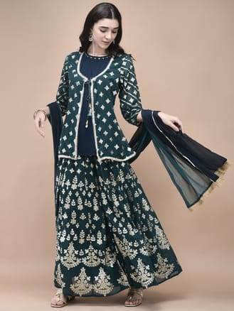Women Georgette Teal Foil Print Kurta Split Pant Dupatta