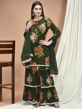 Women Chinon Olive Floral Print Kurta Sharara Dupatta
