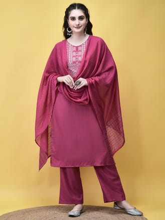 Women Poly Viscose Pink Embroidered Kurta Comfort Pant Dupatta