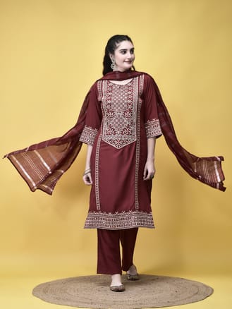 Women Poly Viscose Maroon Embroidered Kurta Comfort Pant Chanderi Dupatta