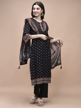 Women Liva Black Ajrakh Print Kurta Comfort Pant Dupatta