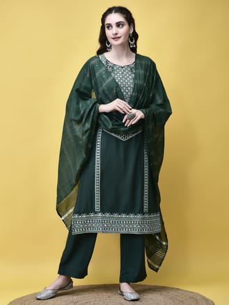 Women Poly Viscose Green Embroidered Kurta Comfort Pant Chanderi Dupatta