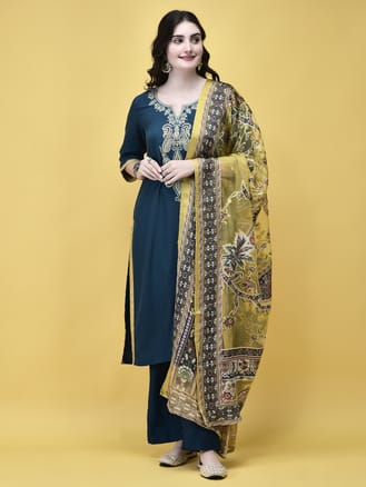 Women Poly Viscose Blue Embroidered Kurta Comfort Pant Dupatta
