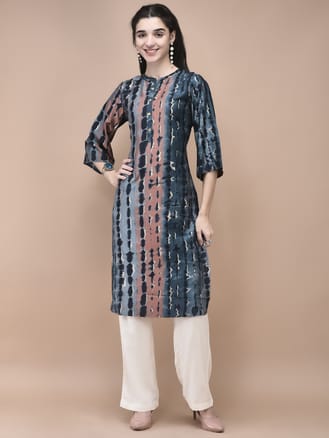 Women Liva Grey Tie Dye Print Kurta