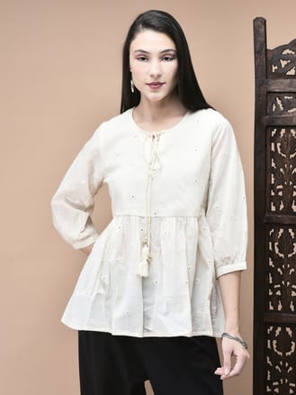 Women Cotton Off White Embroidered Tunic