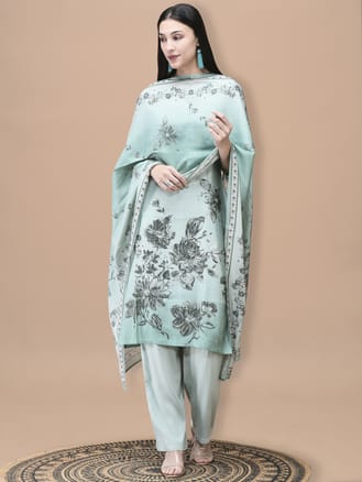 Women Silk Blend Blue Floral Print Kurta Comfort Pant Dupatta
