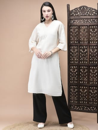 Women Cotton Off White Embroidered Kurta