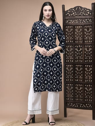 Women Liva Blue Geometric Print Kurta