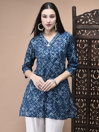 Women Cotton Blue Geometric Print Tunic