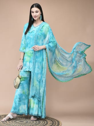 Women Liva Aqua Blue Abstract Print Kurta Sharara Dupatta