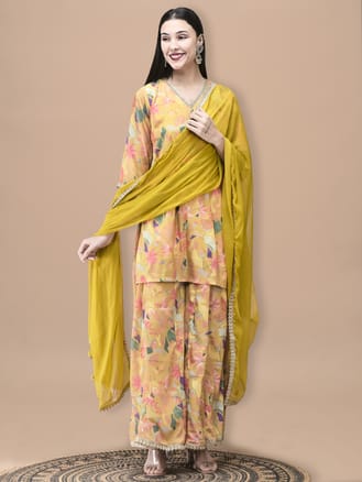 Women Chinon Mustard Floral Print Kurta Split Pant Dupatta