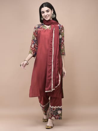 Women Silk Blend Maroon Embroidered Kurta Comfort Pant Dupatta