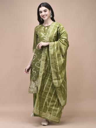 Women Jacquard Green Woven Kurta Comfort pant Dupatta