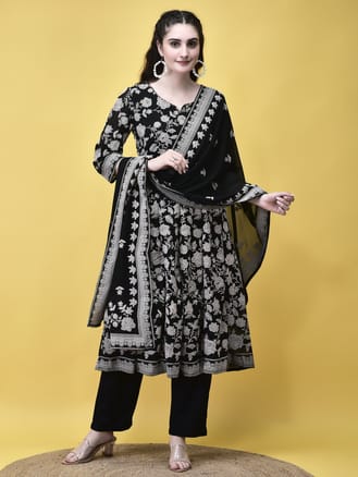 Women Georgette Black Emboss Floral Print Kurta Trouser Dupatta
