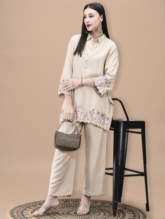 Women Poly Viscose Beige Embroidered Co-Ord Set