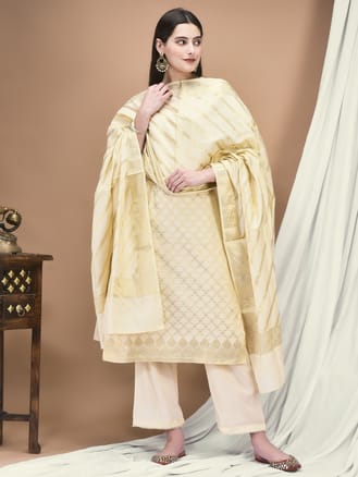 Women Cotton Jacquard Beige Woven Kurta Comfort Pant Dupatta